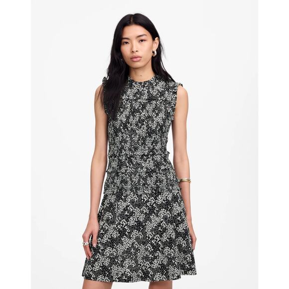 NWT Madewell Smocked Crewneck Mini Dress Floral Print Cotton RayonSz 12